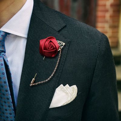 1pc Mens Suit Rose Flower Brooches Canvas Fabric Ribbon Tie Lapel Pin Badge With Tassel Chain Men Wedding Boutonniere Brooch