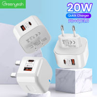 Greenyeah PD20W USB C ที่ชาร์จเร็วชาร์จเร็ว3.0โทรศัพท์มือถืออะแดปเตอร์ Type C สำหรับ iPhone 14 13 12 Xiaomi Samsung Huawei