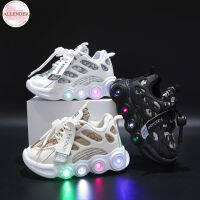 รองเท้าผ้าใบตาข่ายสำหรับเด็กพร้อมไฟ Led Non-Slip Sole Letter Ribbon Casual Trendy Breathable Shoes