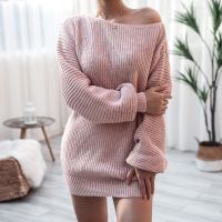 ☬┇ Off Shoulder Knitted Women 39;s Mini Sweater Dress Long Lantern Sleeve Loose Female Short Dresses Autumn New Casual Ladies Clothes