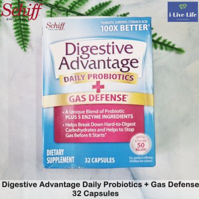 อาหารเสริม โปรไบโอติก ย่อยอาหาร ลดการเกิดแก๊สในกระเพาะอาหาร Digestive Advantage Daily Probiotics Plus Gas Defense 32 Capsules - Schiff