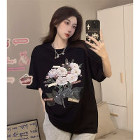 Chili_koko 2361#เสื้อยืดโอเวอร์ไซส์ คอกลอมแขนสั้น แฟชั่นเกาหลีสาวอวบ ลายดอกไม้สไตล์วินเทจ