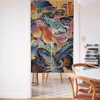 Spanker Space Navy Blue Cool Japanese Funny Anime Kraken Hokusai Great Waves Noren Doorway Drape Split Curtain Cotton