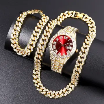 3PCS Hip hop Luxury Watches Jewelry Set Mens Women Iced Out Watch Necklace  Bracelet Bling Diamond