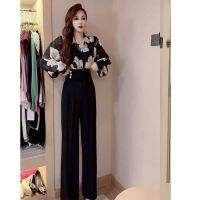 【Ready】? High-end explosive fashion suit female 2023 spring new temperament lantern sleeve printed shirt wide-leg pants