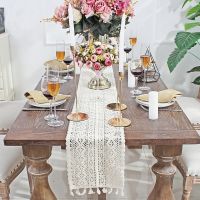 Holaroom Beige Crochet Lace Table Runner with Tassel Cotton Wedding Decor Hollow Tablecloth Nordic Table Cover Bed Runners