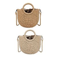 2x Straw Woven Bag Rattan Straw Rope Knitted Women Crossbody Handbag with Ring Fresh Summer Beach Bag Brown &amp; Beige