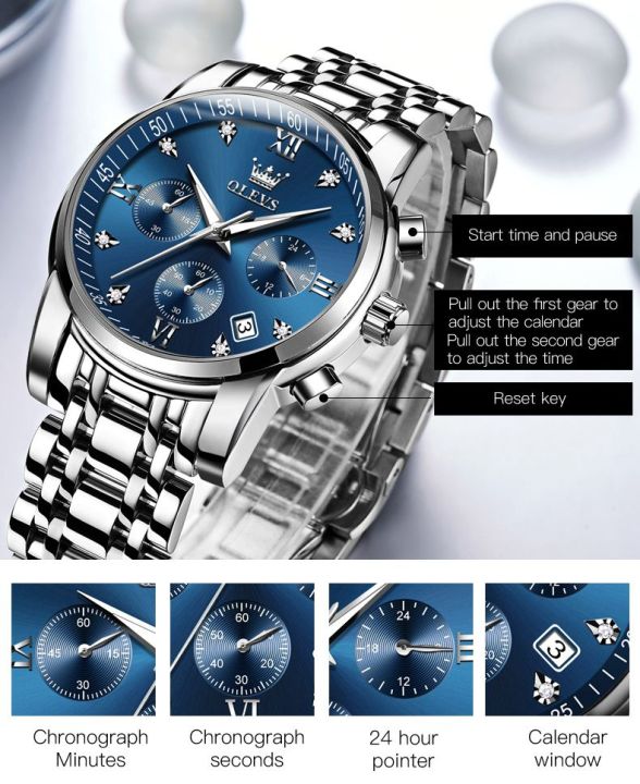 olevs-นาฬิกาชาย-สแตนเลสกันน้ำ-ของแท้100-นาฬิกาข้อมือผู้ชายเรืองแสงมัลติฟังก์ชั่น