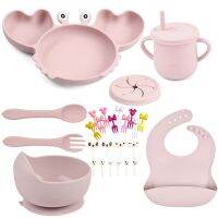 6PCS/Set Baby Silicone Sucker Drinkware Dishes Plate Tableware Kids Bowl Spoon Fork Bib Feeding Set for Child Stuff Accessories Bowl Fork Spoon Sets