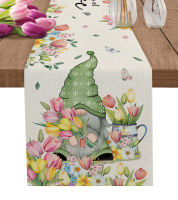 Spring Tulip Flower Gnome Butterfly Table Runner Wedding Party Table Decorations for Home Decor Gift Favor Placemat Tablecloth