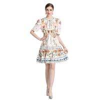 Women Dress Spot Real  Elegant Short Sleeve  Vintage Printed Midi Dress