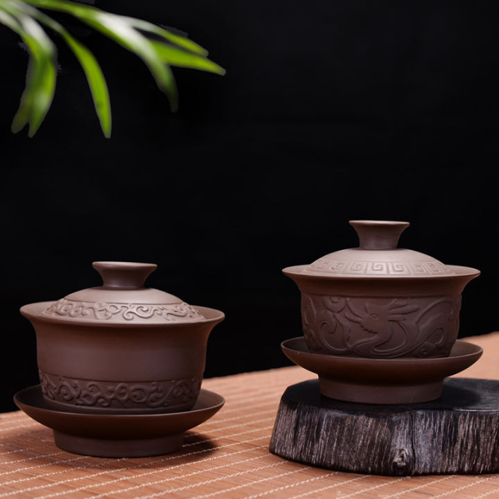 สีม่วงดินชา-tureen-gaiwan-จีนชามชาเซรามิกชุดครอบคลุมชามที่มีฝาปิดถ้วยจานรองจีนถ้วยชาม-drinkware