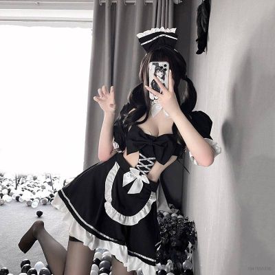 ✆♟ Anime Women Sexy Lingerie Maid Uniform Temptation Suit Cosplay Costume Hollow Lolita Dress Sweet Bowknot Pajamas Set Un
