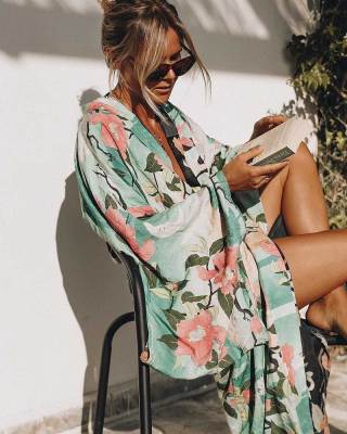 Green Vintage Night Garde Print Boho maxi Kimono Sleeve Cardigan bohemian long Wrap blouse Tops Beachwear Bikini Cover Swimwear
