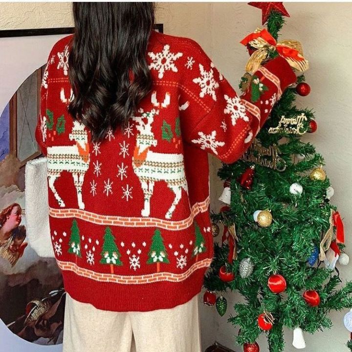 เสื้อกันหนาวพิมพ์ลายกวางเกาหลีของเสื้อกันหนาวคริสต์มาสสตรีรอบคอหลวมเสื้อกันหนาวแบบถัก