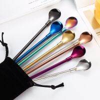 2PCS Long Straw Spoon Small &amp; Large Portable Tea Scoop Stainless Steel Straws Reusable Colored Cocktail Coffee Stirring Spoo Specialty Glassware