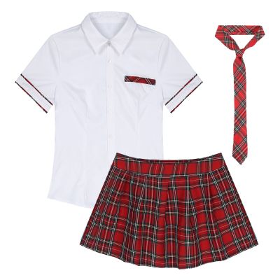 3Pcs Womens Sexy Lingerie Schoolgirl Cosplay Costume School Uniform Short Sleeve Shirt With Plaid Mini Skirt And Tie Set