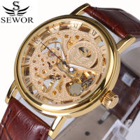 นาฬิกาผู้ชายนาฬิกาผู้ชายสายหนัง GOLD Mechanical Hand WIND Skeleton นาฬิกาหรูหรา VINTAGE Steampunk นาฬิกาแบรนด์ชั้นนำ2017