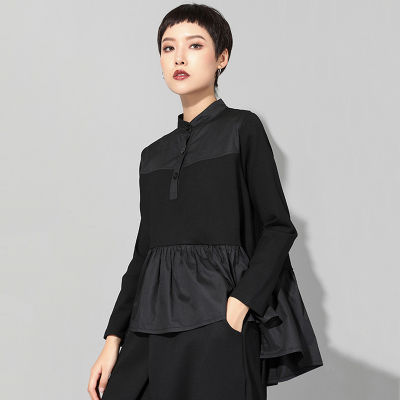 [EAM] 2021 New Spring Autumn Stand Collar Long Sleeve Black Loose Hem Pleated Stitch Irregular T-shirt Women Fashion Tide JQ016
