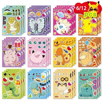 ۩ 6/12Sheets Anime Pokemon Children Puzzle Stickers Make-a-Face Assemble Funny Cartoon Decal Assemble Jigsaw Children Boy Toy Gift
