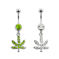 Surgical steel belly banana, 14g (1.6mm) with an 8mm bezel set jewel ball and a dangling crystal studded Weed leaf design - length 3/8 (10mm) - กล้วยพุงเหล็กผ่าตัด 14 ก. (1.6 มม.) พร้อมขอบหน้าปัด 8 มม. อัญมณีประดับและดีไซน์ใบวัชพืชประดับคริสตัลห้อย - ยา