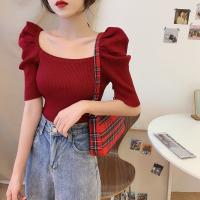 Retro French square collar puff sleeve clavicle top 2023 new ice silk knitted short sleeve T-shirt female summer scheming