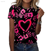 2023 Round Neck Short Sleeved T-shirt with Heart Shaped Print, Beautiful And Fashionable for Women. Unisex