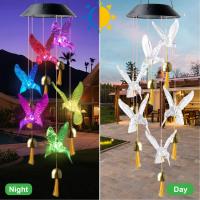 Color Changing Solar Power Wind Chime Crystal Ball Hummingbird Butterfly Waterproof Outdoor Windchime Light for Patio Yard Garde