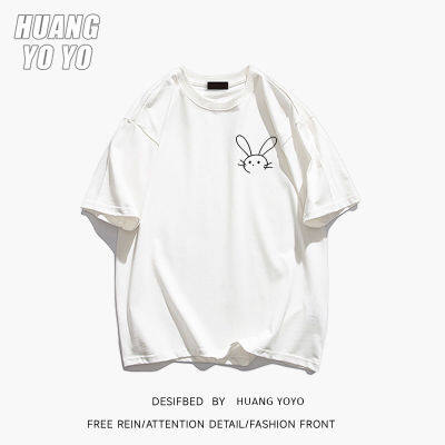 HUANGYOYO เสื้อยืดแขนสั้น100% ผ้าฝ้ายคอกลมลายกระต่ายกราฟฟิตี้น่ารักสำหรับผู้หญิง