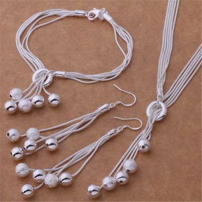 Charm 925 Sterling Silver Bracelets necklace earring Jewelry set for Women Fashion Party Gift Girl student tassels hanging beads