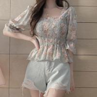 COD DSFERTRETRE Korean Style Women Ladies Chiffon Floral Slim Square Neck Short Sleeve Shirt Blouse