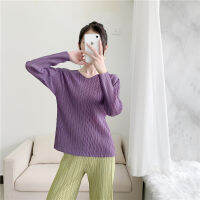 2021 Spring Miyake Pleated Top V-Neck Long Sleeve Pair Sleeve Slim Pleated Clothing Foundation