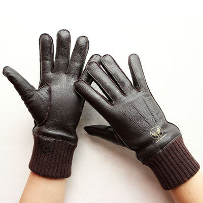 Motorcycle Riding Touch Screen Deerskin Gloves Mens Wool Lining Threaded Sleeves Winter Warm Car Driving Leather Finger Gloves