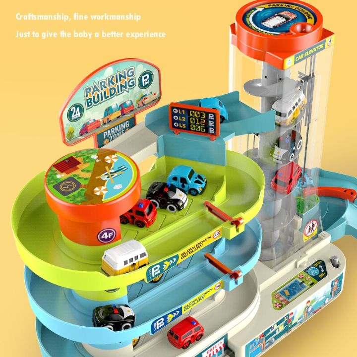 ของเล่นก่อสร้าง2-in-1ของเล่นรถออฟโร้ดที่จอดรถรางไฟฟ้าผจญภัยรถยนต์ของเล่นหลายชั้น