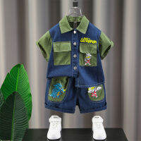 Ultraman Boy Summer Clothing Shirt Outfit 2023 New Korean Style Childrens Summer Denim Short Sleeve Workwear Shorts Fashion