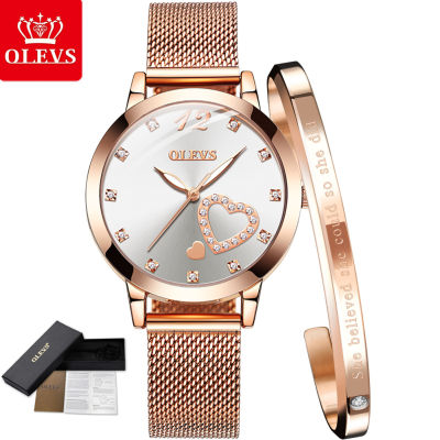 [ซื้อ1แถม1สร้อยข้อมือ] OLEVSนาฬิกาผู้หญิงเกาหลีสไตล์กันน้ำPawn Ticket Elegant Milaneseสายเหล็กนาฬิกา36มม.Love Big Dialส่องสว่าง
