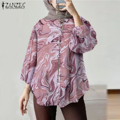 (สินค้ามาใหม่)(จัดส่งฟรี)Fancystyle ZANZEA เสื้อผู้หญิงมุสลิมลำลอง,เสื้อมีปกแบบมีกระดุมเสื้อลายพิมพ์เรียบง่าย