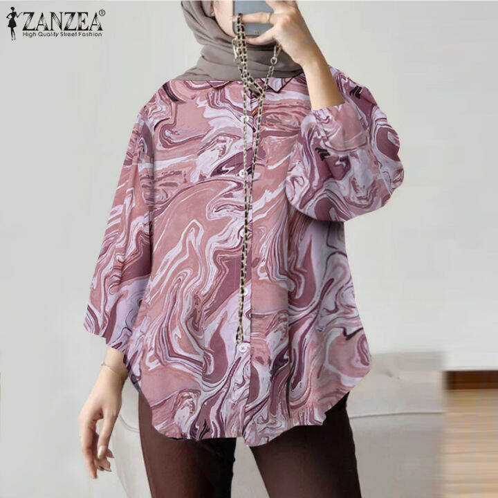 สินค้ามาใหม่-จัดส่งฟรี-fancystyle-zanzea-เสื้อผู้หญิงมุสลิมลำลอง-เสื้อมีปกแบบมีกระดุมเสื้อลายพิมพ์เรียบง่าย