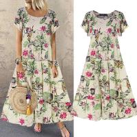 ✘✣✌ Women Vintage Floral Long Dress Summer Boho Casual Loose Sundress Casual Short Sleeve Beach Party Dresses Vestidos vestido maxi