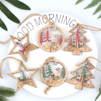 【cw】6PCS Vintage Hollow Printed Christmas Decorations StarTreeBall Wooden Pendants Ornaments Wood Crafts Christmas Tree Ornaments ！