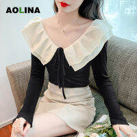 AOLINA 2022ฤดูใบไม้ร่วง30/5000 Flounces การออกแบบฝรั่งเศส,เสื้อยืดปิดไหล่สั้นเก๋แขนยาว