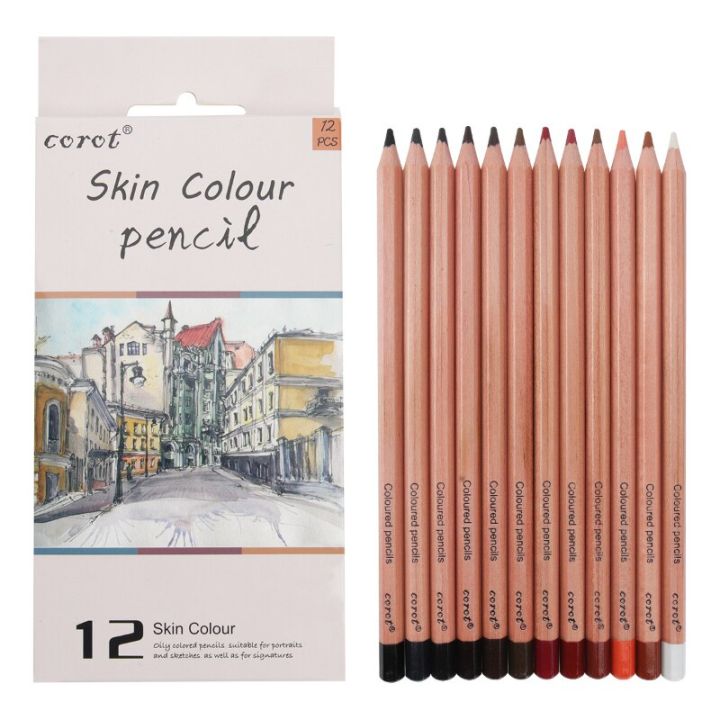 12-skin-color-sketch-colors-pencil-set-4mm-student-painting-creation-portable-professional-log-brush-art-supplies