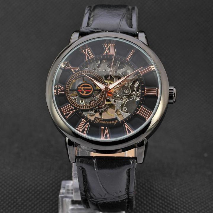 forxining-นาฬิกากลไกแท้ของผู้ชายกลวงสีดำนาฬิกาข้อมือผู้ชาย