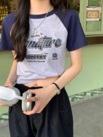 64910 เสื้อยืดแขนสั้น ผ้าฝ้ายแท้ พิมพ์ลายตัวอักษร Raglan สไตล์เกาหลี เหมาะกับฤดูร้อน V728