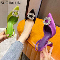 SUOJIALUN Fashion Brand Crystal Buckle Designer Pumps Shoes High Heel Pointed Toe Slingback Slip On Mules Ladies Dress Sandals