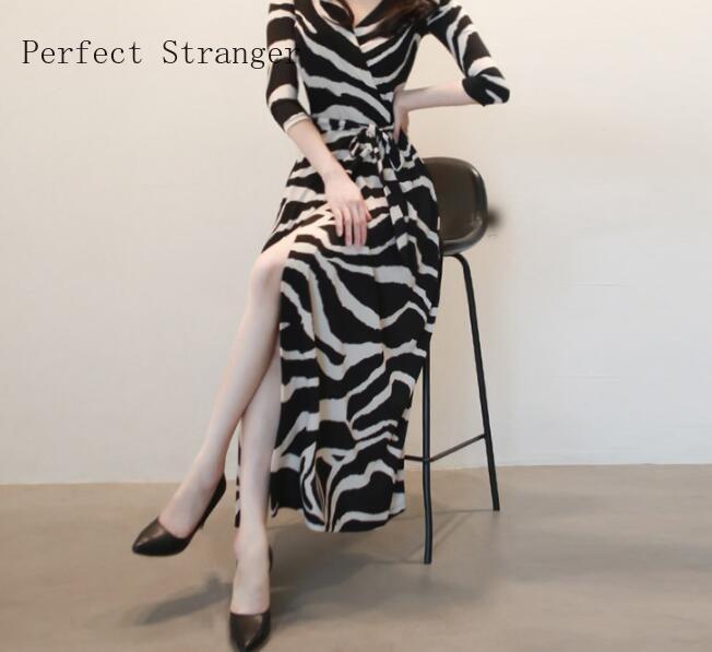 spring-new-arrival-v-collar-loose-zebra-stripe-collect-waist-jag-chiffon-long-dress