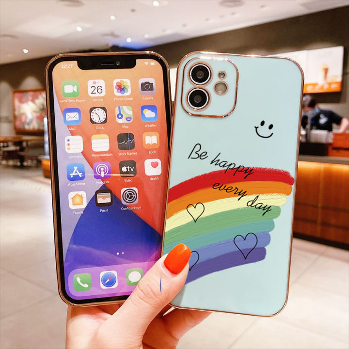 ggk-ปลอกชุบเคสโทรศัพท์ขอบสี่เหลี่ยมรูปหัวใจสีรุ้งฟรีสายคล้องยิ้มได้สำหรับ-y02a-vivo-ชุบหรูหราเคสโทรศัพท์นิ่ม