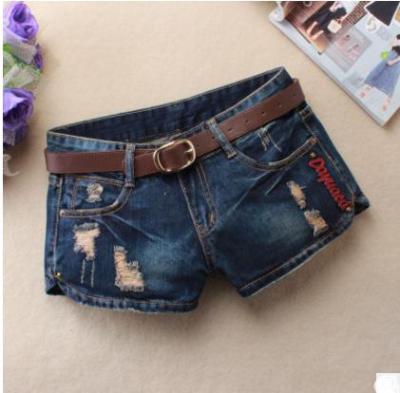 Summer Women Large Size Causal Denim Shorts Ripped Leisure Jeans Short Dark Blue Hole Printing Short Feminino Without Belt J2424