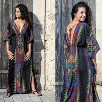 COD DSFGRDGHHHHH Beach Dress Kaftan Batik New Cotton Deep V-neck Loose Maxi Dress Large Sunscreen Clothes Womens Beach Dress