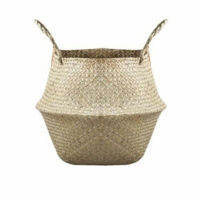 Seaweed Basket Rattan Folding Wicker Handle Round Shape Natural Sea Grass Plant Flower Storage Container For Indoor Outdoor Decoration